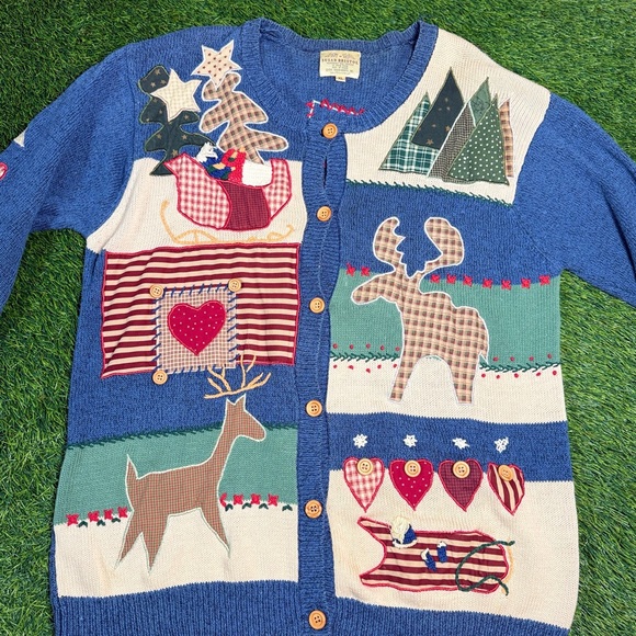 Vintage Susan Bristol Folk Art Patchwork Winter Cardigan Hand Embroidered XL w - Picture 9 of 9